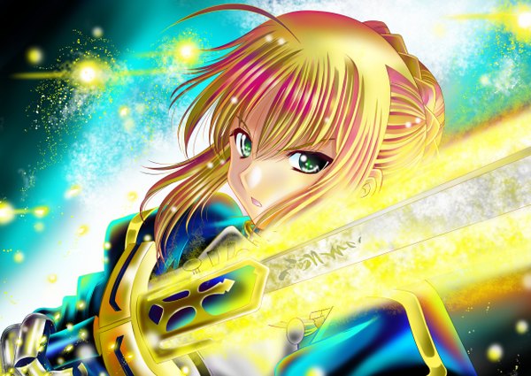 Anime picture 2490x1764 with fate (series) fate/stay night fate/zero studio deen type-moon artoria pendragon (all) saber aka kitsune single long hair highres open mouth blonde hair green eyes girl weapon sword excalibur