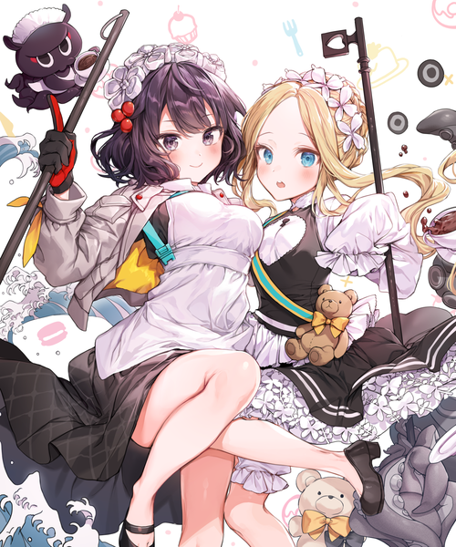 Anime picture 2000x2400 with fate (series) fate/grand order abigail williams (fate) katsushika hokusai (fate/grand order) tokitarou (fate/grand order) pillo long hair tall image looking at viewer blush highres short hair open mouth blue eyes black hair blonde hair smile multiple girls long sleeves black eyes