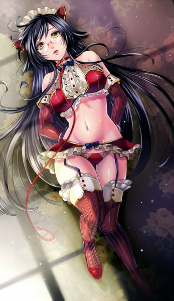Anime picture 550x950 with original matsurika youko tall image light erotic yellow eyes bent knee (knees) very long hair parted lips lips midriff hands behind back girl thighhighs navel glasses headdress maid headdress garter straps wrist cuffs collar