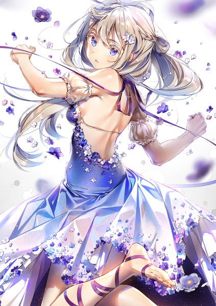 Anime picture 2477x3516 with original dsmile single long hair tall image looking at viewer fringe highres hair between eyes purple eyes silver hair looking back barefoot bare back leg lift (legs lift) starry sky print girl dress flower (flowers) ribbon (ribbons)