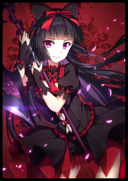 Anime picture 830x1171 with gate - jieitai ka no chi nite kaku tatakaeri a-1 pictures rory mercury rin yuu single long hair tall image looking at viewer fringe black hair smile purple eyes blunt bangs nail polish border lolita fashion red nail polish goth-loli girl dress