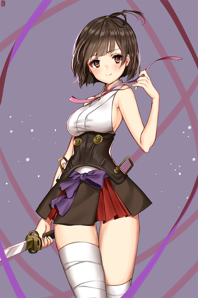 Anime picture 650x975 with koutetsujou no kabaneri wit studio mumei (kabaneri) gambe single tall image looking at viewer blush fringe short hair breasts simple background smile red eyes brown hair standing bare shoulders holding head tilt pleated skirt