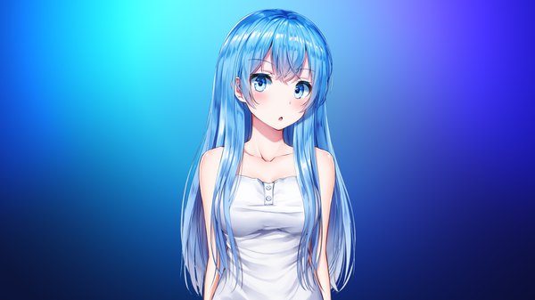 Anime-Bild 3840x2160 mit original assassinwarrior superpig (wlstjqdla) single long hair looking at viewer blush fringe highres breasts blue eyes simple background hair between eyes wide image bare shoulders blue hair absurdres upper body :o wallpaper