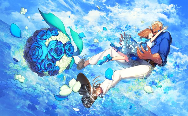 Anime picture 2199x1365 with kill la kill studio trigger mankanshoku mako gamagoori ira mt (ringofive) blush highres short hair open mouth blue eyes blonde hair smile brown hair wide image sky cloud (clouds) ahoge eyes closed sweat couple