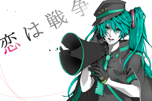 Anime picture 1500x1000 with vocaloid koi wa sensou (vocaloid) hatsune miku single long hair looking at viewer open mouth twintails green eyes green hair inscription hieroglyph transparent background girl gloves hair ornament hat necktie megaphone