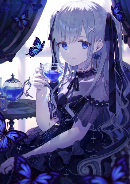 Anime picture 1612x2280 with original kappe reeka single long hair tall image looking at viewer fringe breasts blue eyes sitting holding payot silver hair nail polish fingernails two side up girl dress hair ornament ribbon (ribbons)