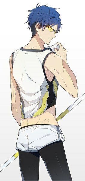 Anime picture 400x845 with free! kyoto animation ryugazaki rei nic (kevin) single tall image looking at viewer short hair blue eyes simple background white background blue hair profile looking back from behind boy uniform shorts sunglasses gym uniform