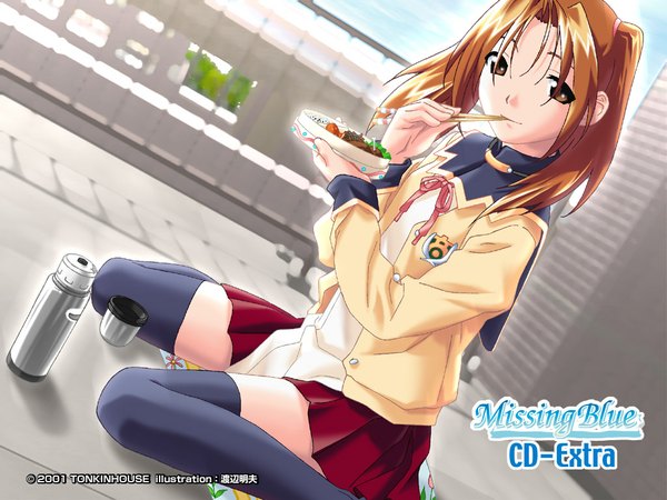 Anime picture 1024x768 with missing blue watanabe akio single looking at viewer short hair smile brown hair sitting twintails brown eyes inscription wallpaper zettai ryouiki eating girl thighhighs skirt uniform school uniform food