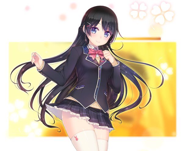 Anime picture 1211x1000 with virtual youtuber nijisanji tsukino mito kashiwamochi yomogi single long hair looking at viewer blush fringe breasts blue eyes black hair smile hair between eyes standing braid (braids) pleated skirt zettai ryouiki plaid skirt girl