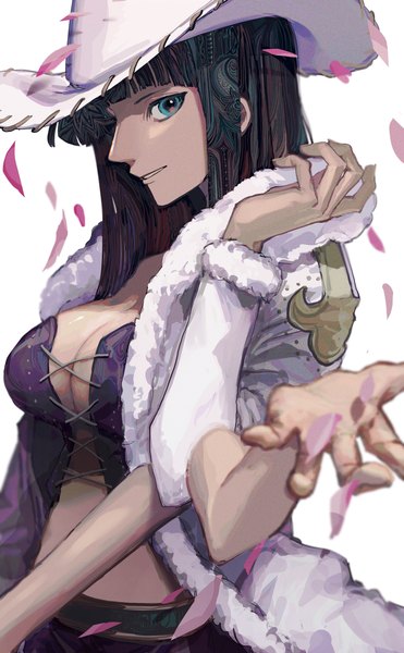 Anime picture 2365x3824 with one piece toei animation nico robin yadu nadu single long hair tall image looking at viewer fringe highres breasts blue eyes light erotic black hair simple background large breasts white background cleavage upper body extra arms
