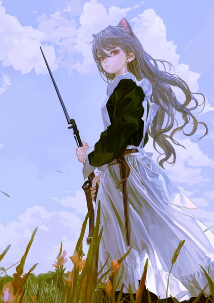 Anime picture 1000x1415 with original fkey single long hair tall image looking at viewer blush fringe hair between eyes standing holding animal ears sky cloud (clouds) outdoors long sleeves pink eyes wind grey hair cat ears
