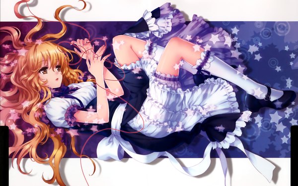 Anime picture 2560x1600 with touhou kirisame marisa an2a single long hair highres blonde hair wide image yellow eyes third-party edit detexted girl thighhighs ribbon (ribbons) shoes star (symbol) thread