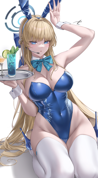 Anime picture 2253x4093 with blue archive toki (blue archive) toki (bunny) (blue archive) yabacha single long hair tall image looking at viewer blush fringe highres breasts blue eyes light erotic simple background blonde hair large breasts white background sitting bare shoulders