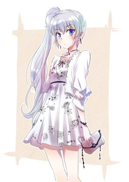 Anime picture 1285x1800 with rwby rooster teeth weiss schnee hikasa youko iesupa single long hair tall image looking at viewer blue eyes silver hair floral print side ponytail scar cosplay outline seiyuu connection girl dress earrings