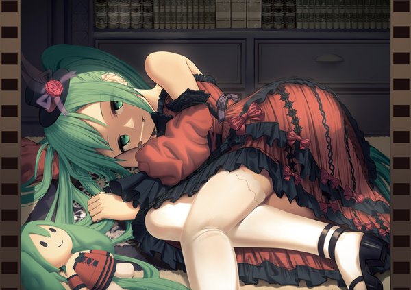 Anime picture 2560x1806 with vocaloid hatsune miku raimeso single long hair looking at viewer fringe highres twintails holding bent knee (knees) indoors lying aqua eyes aqua hair mouth hold on side frilled dress lolita fashion goth-loli