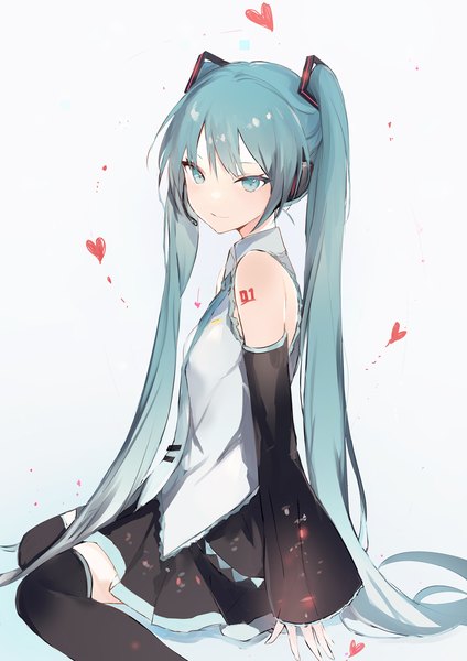 Anime picture 1060x1500 with vocaloid hatsune miku lpip single tall image fringe simple background sitting twintails looking away very long hair aqua eyes aqua hair wariza girl detached sleeves heart headphones headset
