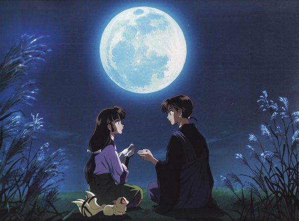 Anime picture 2000x1482 with inuyasha sango miroku kirara (inuyasha) long hair highres short hair black hair traditional clothes black eyes night couple girl boy plant (plants) animal moon grass alcohol sake