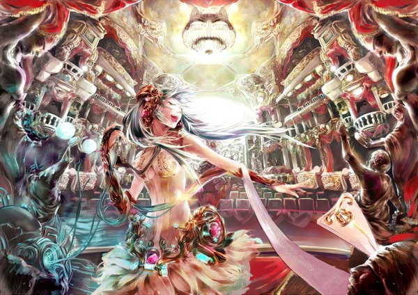 Anime picture 2480x1753 with vocaloid vocaloid append hatsune miku hatsune miku (append) antiquewhite long hair highres open mouth twintails indoors eyes closed aqua hair outstretched arm singing girl bridal gauntlets statue scene hall