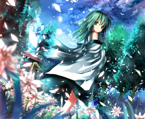 Anime picture 1000x822 with touhou kochiya sanae shino (eefy) single long hair green eyes cloud (clouds) looking back green hair girl flower (flowers) plant (plants) detached sleeves petals tree (trees)