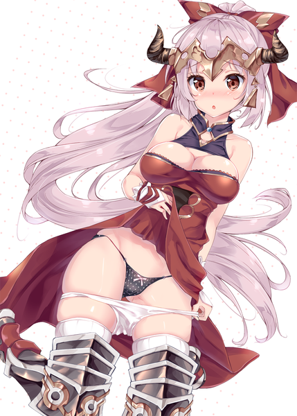 Anime picture 858x1200 with granblue fantasy aliza (granblue fantasy) fukuda shuushi single long hair tall image looking at viewer blush breasts open mouth light erotic simple background red eyes large breasts standing white background bare shoulders payot pink hair cleavage