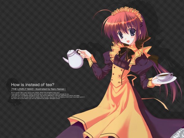 Anime picture 1280x960 with original nanao naru single long hair looking at viewer fringe open mouth hair between eyes brown hair purple eyes signed ahoge :d shadow maid text low ponytail english third-party edit double buttons