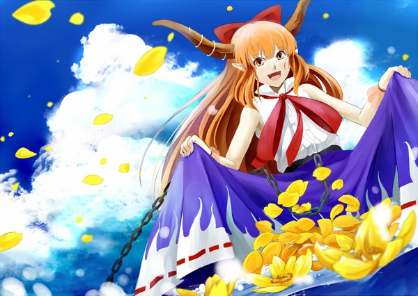 Anime picture 1600x1137 with touhou ibuki suika nishiuri (artist) single long hair looking at viewer fringe sky cloud (clouds) horn (horns) wind pointy ears orange hair orange eyes girl flower (flowers) bow hair bow petals chain