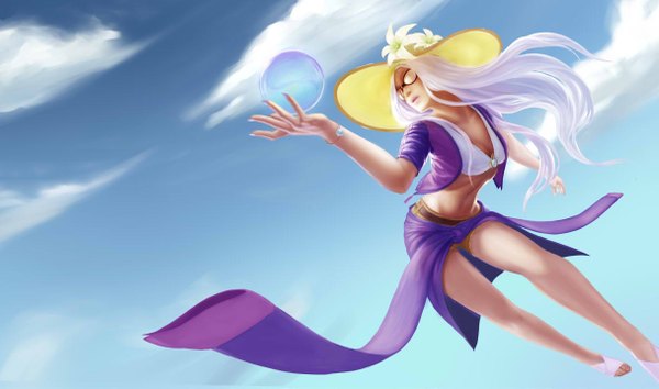 Anime picture 1215x717 with league of legends syndra aihane sumina single long hair simple background wide image blue hair looking away sky cloud (clouds) bare belly legs floating hair outstretched arm girl flower (flowers) hat shorts bracelet
