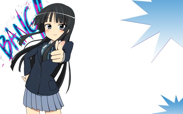 Anime picture 1920x1200 with k-on! kyoto animation akiyama mio imao kiiru single long hair looking at viewer blush highres blue eyes black hair wide image standing white background wallpaper hand on hip third-party edit extended finger gun girl