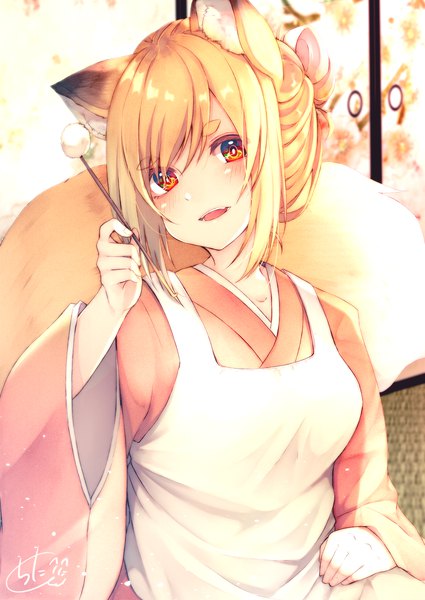 Anime picture 1417x2000 with original chita (ketchup) single tall image looking at viewer blush fringe short hair breasts open mouth blonde hair smile hair between eyes red eyes sitting holding signed animal ears payot upper body