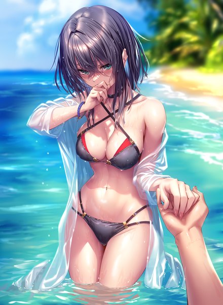 Anime picture 2838x3872 with hanikami kanojo chigami hikage piromizu tall image looking at viewer blush fringe highres short hair breasts blue eyes light erotic black hair hair between eyes large breasts sky outdoors head tilt arm up blurry