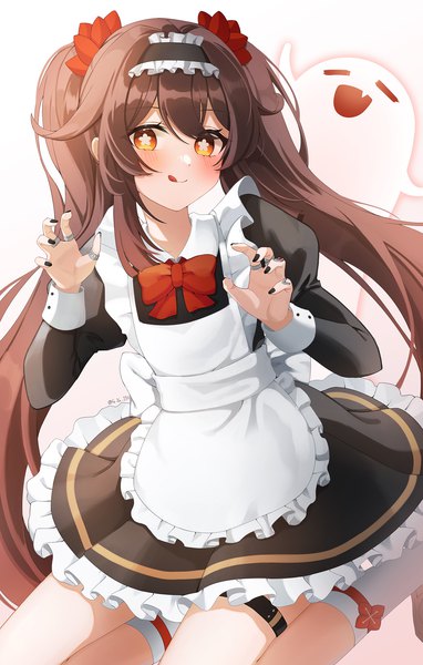 Anime picture 1500x2357 with genshin impact hu tao (genshin impact) boo tao (genshin impact) gya (144) single tall image blush fringe simple background smile red eyes brown hair sitting twintails very long hair nail polish maid symbol-shaped pupils black nail polish ghost