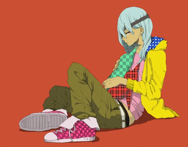 Anime picture 1477x1159 with inazuma eleven sakuma jirou fringe short hair simple background red eyes sitting blue hair profile hair over one eye red background checkered plaid boy eyepatch sneakers