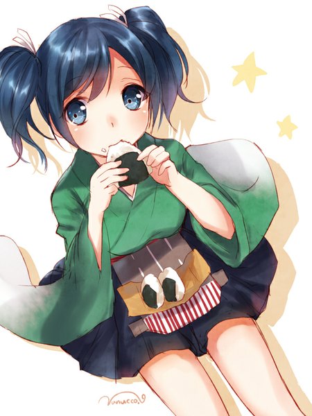 Anime picture 600x800 with kantai collection souryuu aircraft carrier nunucco single tall image blush short hair blue eyes simple background white background sitting twintails signed blue hair looking away traditional clothes japanese clothes from above shadow short twintails