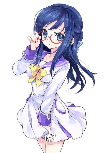 Anime picture 600x847 with precure dokidoki! precure toei animation hishikawa rikka yukiwo single long hair tall image looking at viewer fringe blue eyes simple background white background blue hair from above wind :o adjusting glasses girl uniform