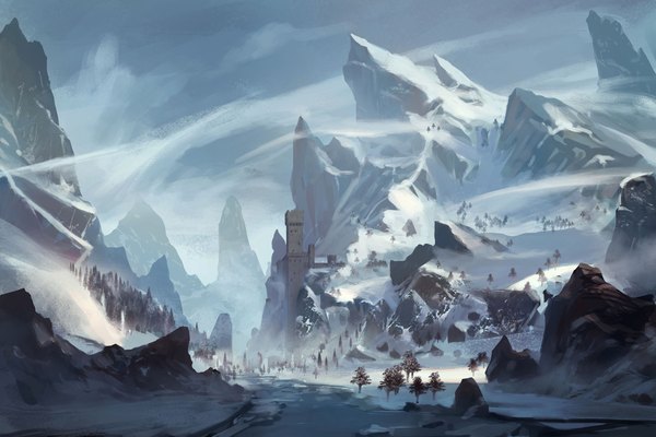 Anime picture 1920x1280 with original apec-lan highres sky wind winter snow mountain no people landscape river rock castle