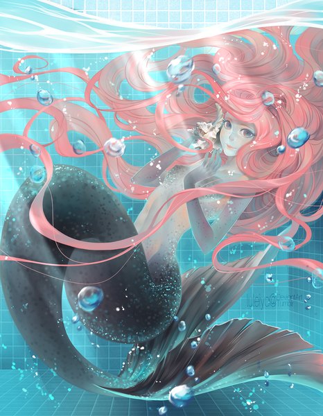 Anime picture 1000x1286 with original luleiya single tall image looking at viewer blush light erotic holding pink hair very long hair aqua eyes nude lips sunlight underwater sunbeam freckles girl water bubble (bubbles)