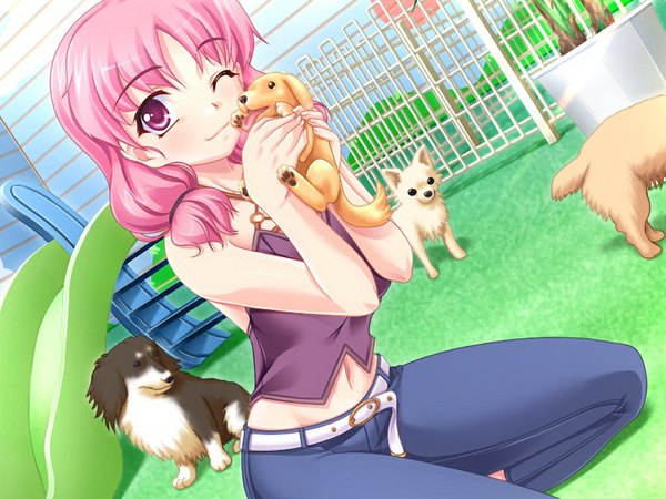 Anime picture 1024x768 with yamitsuki (game) pink hair game cg pink eyes girl dog