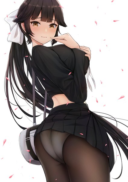 Anime picture 1400x1980 with azur lane takao (azur lane) takao (academy romantica) (azur lane) kannko bokujou single long hair tall image looking at viewer fringe breasts light erotic black hair simple background brown hair large breasts standing white background ass ponytail pleated skirt