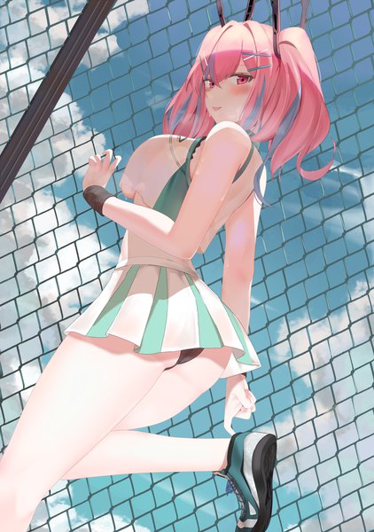 Anime picture 1280x1820 with azur lane bremerton (azur lane) bremerton (scorching-hot training) (azur lane) ru zhai single long hair tall image looking at viewer blush fringe breasts light erotic hair between eyes large breasts standing twintails bare shoulders pink hair sky cloud (clouds)
