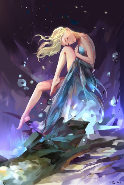 Anime picture 1000x1491 with frozen (disney) disney elsa (frozen) rabbit (tukenitian) single long hair tall image blonde hair sitting bare shoulders signed eyes closed barefoot legs hand on chest girl dress bubble (bubbles) blue dress