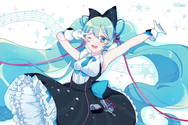 Anime picture 1200x800 with vocaloid magical mirai (vocaloid) hatsune miku magical mirai miku magical mirai miku (2016) dabi (dabibubi) single looking at viewer twintails very long hair one eye closed arm up aqua eyes aqua hair sparkle victory girl dress gloves bow