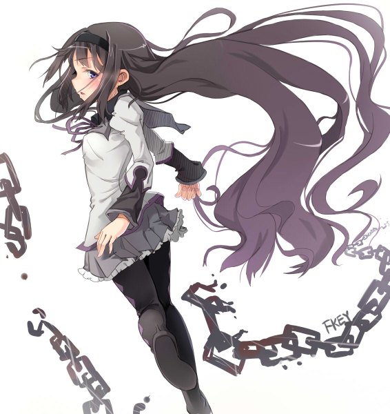 Anime picture 1131x1200 with mahou shoujo madoka magica shaft (studio) akemi homura fkey single long hair tall image blush open mouth white background purple eyes signed very long hair profile looking back multicolored hair from behind soles dark hair girl