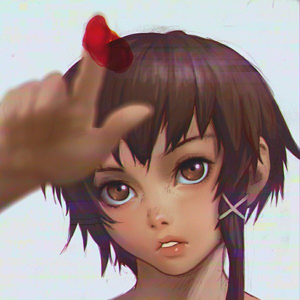 Anime picture 900x900 with serial experiments lain iwakura lain ilya kuvshinov single fringe short hair simple background brown hair brown eyes portrait looking up blue background asymmetrical hair girl hair ornament hairclip blood x hair ornament hand