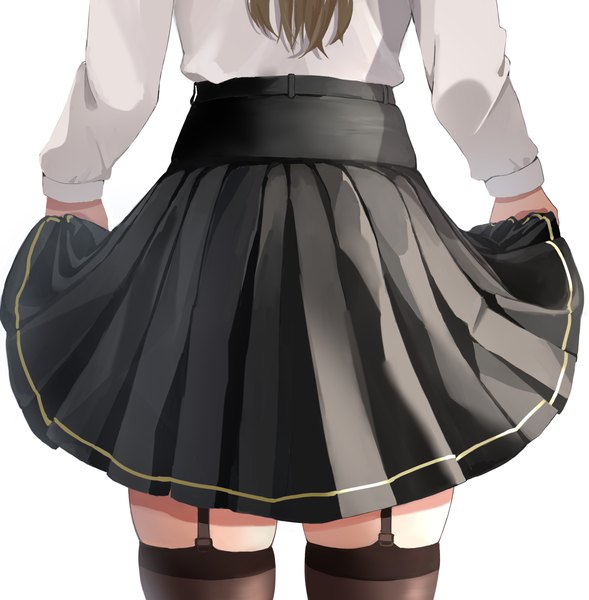 Anime picture 2880x2934 with original tari (aegr3883) single long hair tall image highres simple background brown hair white background long sleeves pleated skirt from behind skindentation head out of frame girl thighhighs skirt black thighhighs shirt white shirt