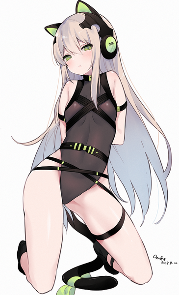 Anime picture 508x833 with girls frontline tmp (girls frontline) mimelond single long hair tall image looking at viewer blush fringe breasts light erotic blonde hair simple background hair between eyes white background bare shoulders green eyes signed animal ears payot