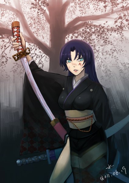 Anime picture 2066x2923 with original shuizhanglang single long hair tall image highres blue eyes black hair signed purple hair japanese clothes lips girl weapon plant (plants) sword tree (trees) kimono katana blood