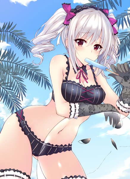 Anime picture 923x1267 with idolmaster idolmaster cinderella girls kanzaki ranko nakatama kyou single long hair tall image looking at viewer blush light erotic red eyes twintails holding sky cloud (clouds) white hair drill hair beach angel girl gloves