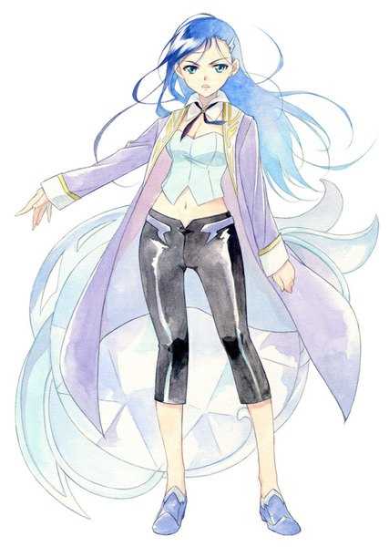 Anime picture 600x843 with mai-otome sunrise (studio) natsuki kruger agahari single long hair tall image looking at viewer open mouth blue eyes standing white background blue hair wind bare belly outstretched arm traditional media watercolor (medium) girl navel