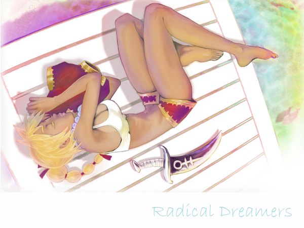 Anime picture 1600x1200 with chrono cross kid (chrono cross) ebba single long hair highres breasts light erotic blonde hair ponytail lying eyes closed barefoot midriff legs sleeping girl navel ribbon (ribbons) weapon