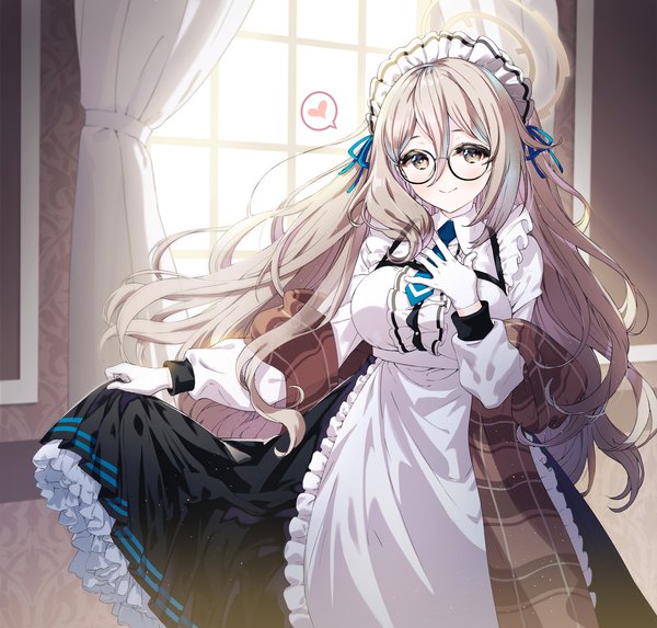 Anime picture 2000x1911 with blue archive akane (blue archive) rarumi single long hair looking at viewer fringe highres blonde hair smile hair between eyes indoors maid hand on chest skirt hold girl skirt gloves uniform glasses